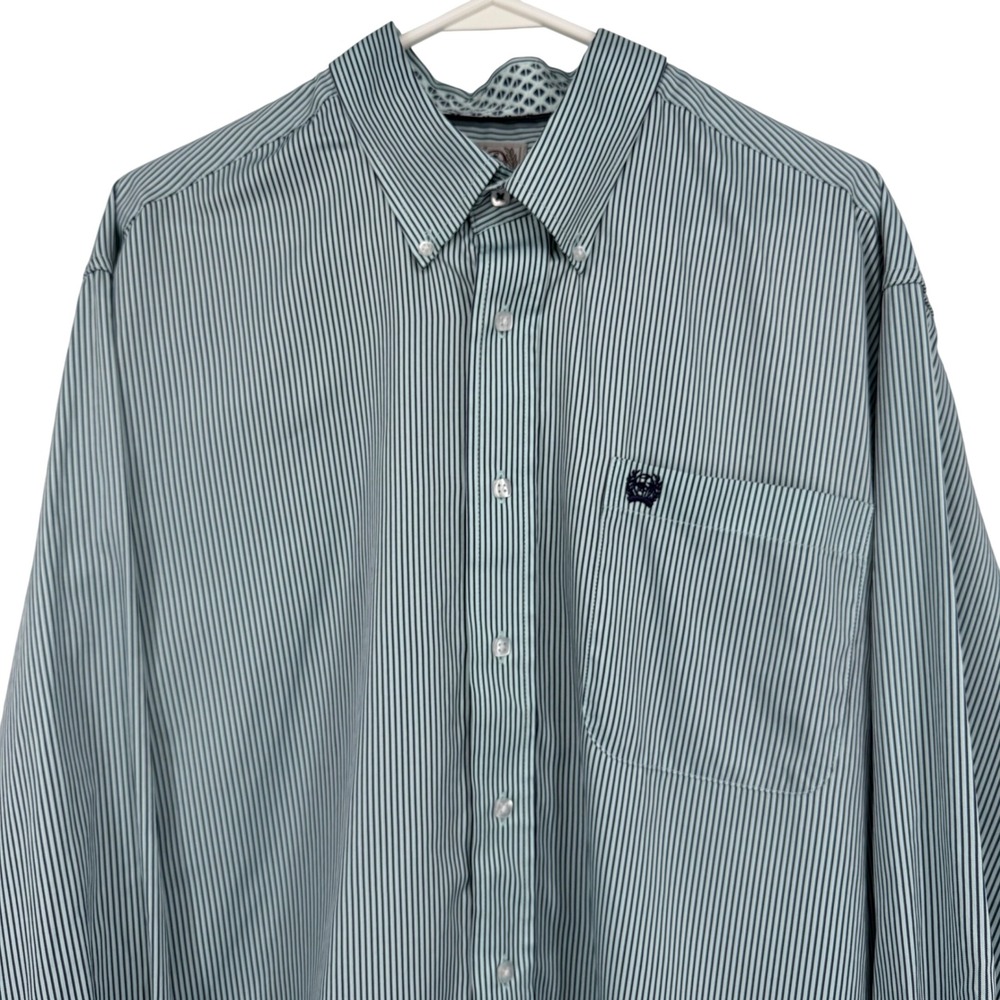 Cinch Long Sleeve Button Down Shirt Teal White‎ Striped Western Performance Sz M